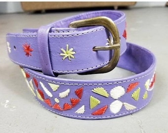 Vtg 80s 90s Purple Embroidered Floral Belt metal buckle 38" western boho Peasant
