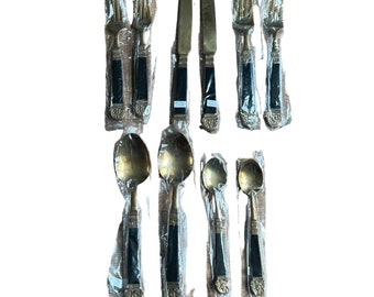 vintage NOS Bronze and black Thai flatware 10pc brass tableware estate find
