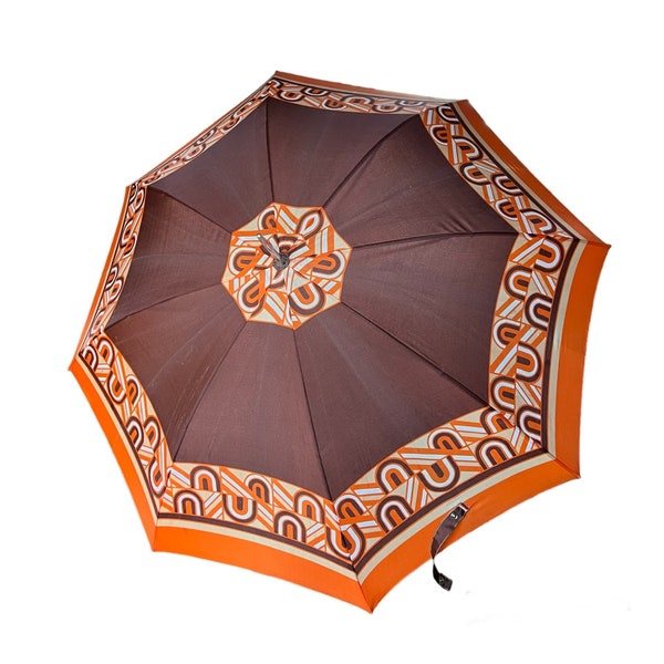 Vintage 1960s Mod Mcm Umbrella J Smooth Brown Orange Abstract Lucite Handle Condition: great overall, no noticeable holes or stains. Works