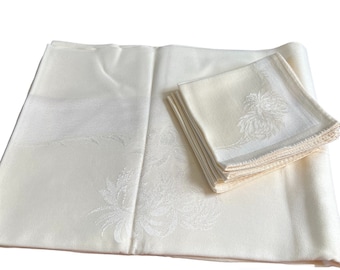 Vintage Ivory Damask Tablecloth and 6 Napkins Set 77 X 59" Condition: light yellowing in spots, A couple untreated light spots See photos fo