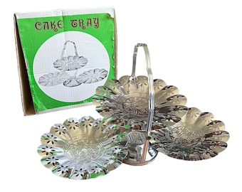 Vintage NoS Chrome Folding Dessert Serving Tray Midcentury Price Imports.  Condition: open box but is unused! See photos for details pleas