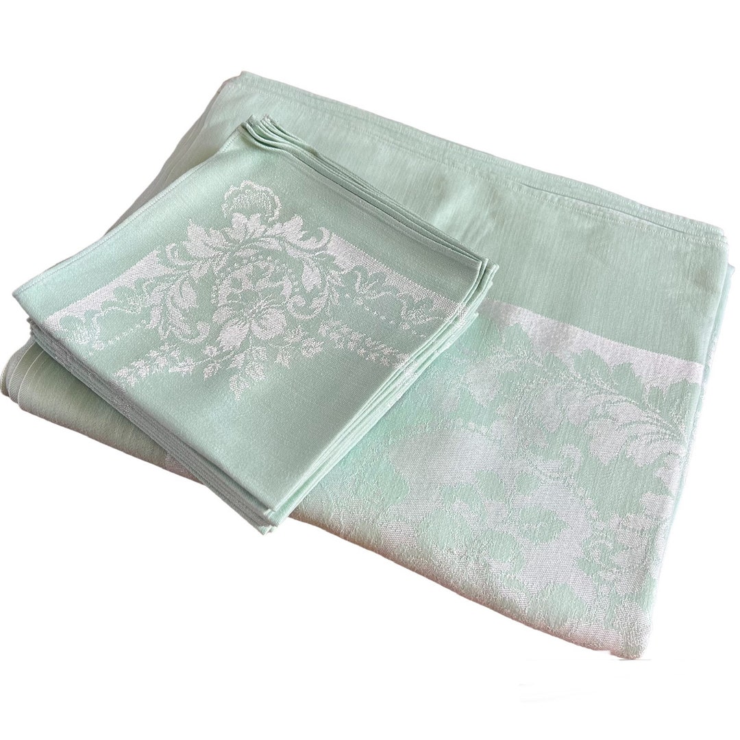 Vintage Soft Mint Green Damask Tablecloth and 6 Napkins Set 94 X 60 Condition Good Overall, A