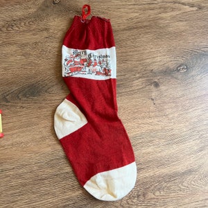 Vintage 14” Knit Merry Christmas Stocking Ornament Printed Santa Chimney