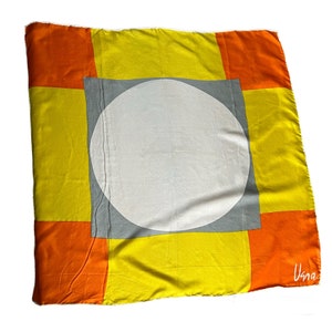 Vtg 60s 70s VERA NEUMANN SCARF Geometric Design Silk Blend Japan  Orange yellow grey white Condition: estate find, steamed but not