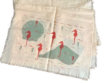 Vintage 30s 40s Cloth Peach Placemat Set Of 4 Ocean Seahorse Beach Shell Mcm  Condition: two look unused, the other 2 have