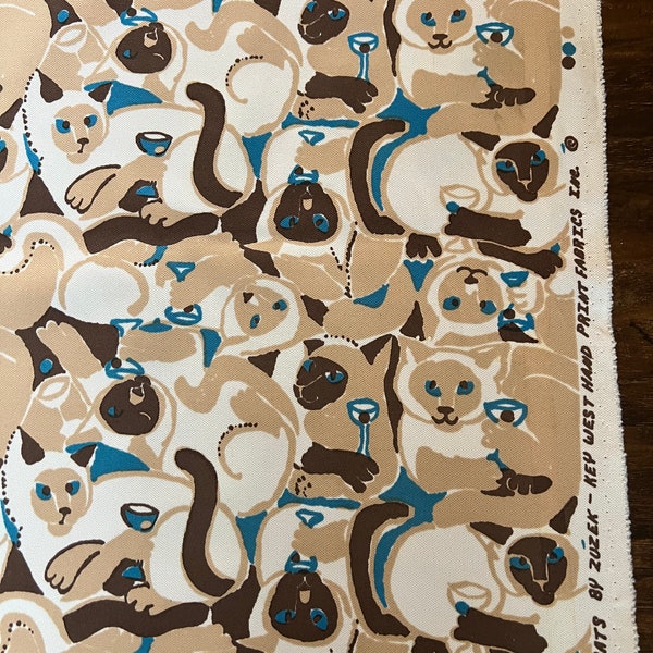 VTG Pushy Cats By Zuzek Key West Hand Print Fabric Siamese Cocktails Mcm  81.5” x 62.5” including selvedge (just over 2 yards