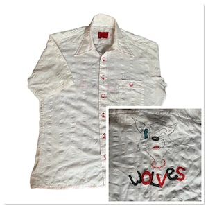 vtg 1950s womans dimity bowling shirt “Dot”hand illustrated winking cartoon Wolf Music Fest Cochella