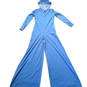 Vintage 1970er Jahre Jumpsuit Weites Bein Schlaghosen Kapuze Lange Ärmel S Blau Zustand insgesamt super, keine Flecken oder Löcher, unbehandelter Hosensaum