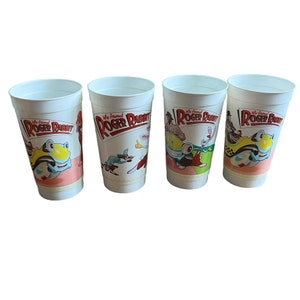 Vintage 1988 McDonalds Who Framed Roger Rabbit Complete Set of 3 +1 Plastic Cups Condition: light wear but great overall. One duplicate cup
