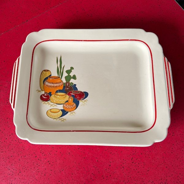 vtg 1930s 40s Homer Laughlin Batter Tray Mexicana decals hand painted stripes Deco platter southwestern