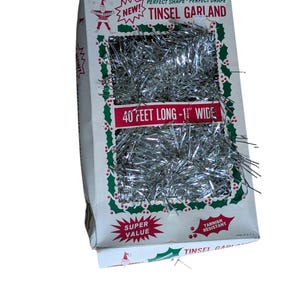 Vintage Christmas Tinsel Garland Holly Brand Silver  40 ft Tarnish Resistant Condition: pre-owned estate find