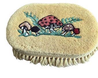 VTG handmade wood footstool W/ tufted wool Mushroom foot rest Cover. Midcentury home decor