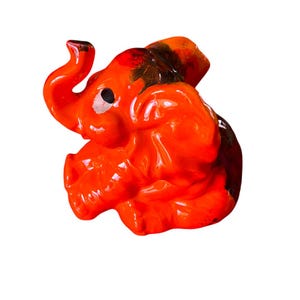 Vintage Ceramic Elephant Orange Black Drip Glaze Mid Century Trunk Up
