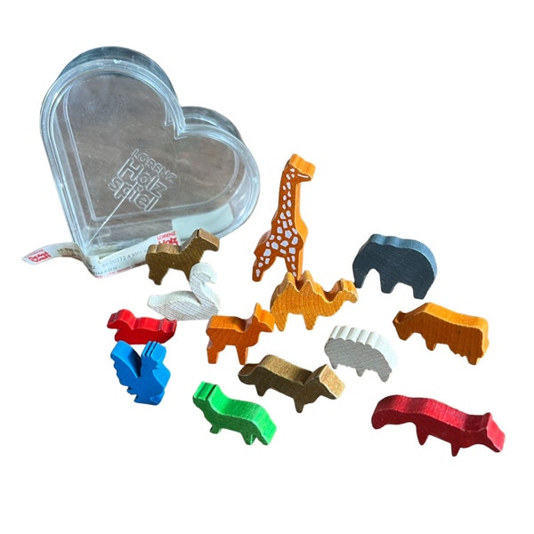 Vintage Lorenz Spiel Welt West Germany Wood Zoo Animals 13 Pc Heart Shaped Box  Condition: animals are great overall, box