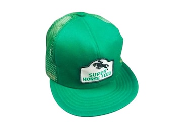 Vtg Super Horse Feed SnapBack Trucker Hat Cap Patch K BRAND USA Green Farmcore