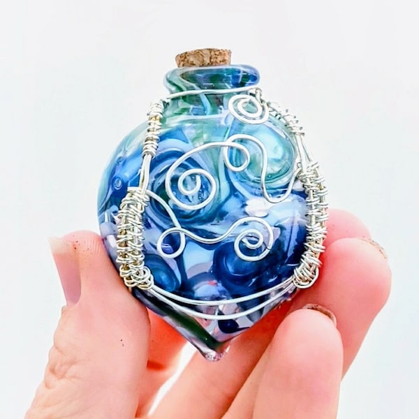 Handblown and Handcrafted Silver Wire Wrapped Glass Vial | Perfume Bottle | Personal Urn | Memorial Keepsake Pendant Vial