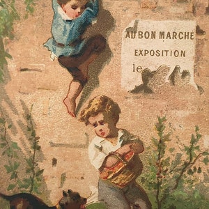 Antique trade card Au Bon Marche children summer mischief art print ad ephemera scrap Victorian