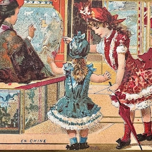 Antique trading card Guerin Boutron Victorian scrapbook album ephemera Chinese vase museum ad art lithograph 19 century print