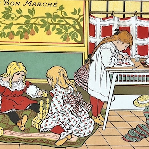 Antique trade card Au Bon Marche girls fashion play date sisters Victorian scrapbook album