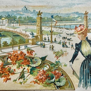 Antique trading card Singer Victorian ephemera scrapbook art print lithograph Paris exhibition landmark pavilion historical costume