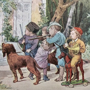 Antique trade card toy game Victorian ephemera scrapbook ad art print lithograph children rocking horse Phosphatine Falieres haunting dog