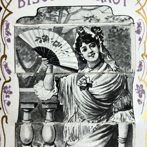 Biscoitos de cartão de comércio antigo Pernot Victorian Ephemera Espanhol Espanha fã bela mulher usando xale anúncio impressão de arte Chromo litografia sucata