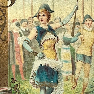 Antique trade card Liebig extract Victorian circus acrobat gymnast harlequin costume performance history fashion scrapbook lithograph Chromo