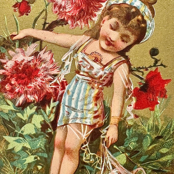 Antique trading card Au Bon Marche India flower costume traditional dress ad art print Victorian ephemera