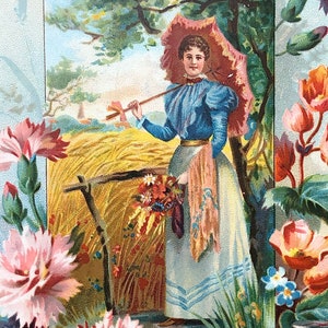 Antique trade card Liebig flower garden umbrella Victorian woman dress fashion