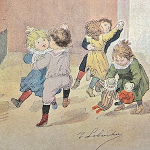 Antique trade card toy game Victorian ephemera scrapbook ad art print lithograph children hide and seek Phosphatine Falieres toy doll music