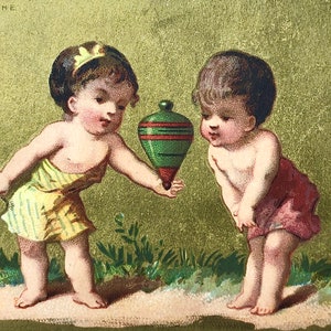 Antieke handel kaart Au Bon Marche baby spelletjes spinner cherub ephemera Victoriaanse scrapbook album dagboek lithografie kunst print advertentie