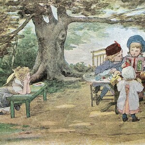 Antieke handelskaart Victoriaanse ephemera plakboek verhaal tijd lezen picknick ad kunst print Chromo lithografie kinderen Fosfitine Falieres
