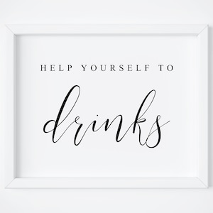 Help Yourself To Drinks Sign. Drinks Sign. Wedding Bar Sign. Open Bar Sign. Bridal Shower Wedding. Wedding Signs. Drink Table Sign. Signs.