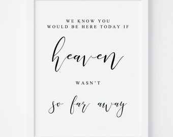 May include: A white framed print with black text that reads "We know you would be here today if heaven wasn't so far away".