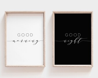 Buongiorno buonanotte stampabile. Arte della parete della camera da letto. Set di 2 decorazioni da parete. Arte da parete stampabile. Decorazione sopra il letto. Set di stampe per camera da letto. Decorazione murale.