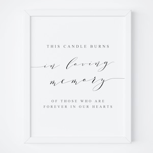 May include: A framed print with the text "THIS CANDLE BURNS IN LOVING MEMORY OF THOSE WHO ARE FOREVER IN OUR HEARTS" in black script. The print is in a white frame, suitable for memorial or remembrance decor.