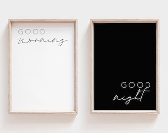 Buongiorno buonanotte stampabile. Arte della parete della camera da letto. Set di 2 decorazioni da parete. Arte da parete stampabile. Decorazione sopra il letto. Set di stampe per camera da letto. Decorazione murale.
