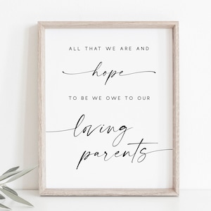 All That We Are And All That We Hope To Be We Owe To Our Loving Parents. Wedding Gift Parents. Wedding Signs .Thank You Wedding Parents Gift