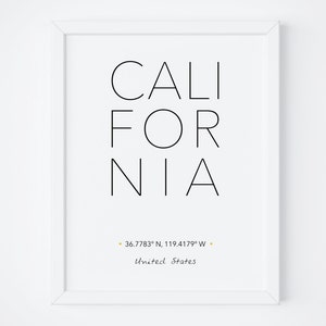 California Print, California Poster, California Wall Art, California Printable, California Art, City Coordinates, Typography art, Wall Art