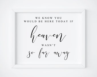 May include: A framed print with a white border. The black text reads, "WE KNOW YOU WOULD BE HERE TODAY IF heaven WASN'T so far away." The text is in a mix of fonts.