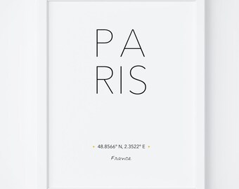 Paris Print, Paris Poster, Paris Printable, Travel Poster, Coordinates Prints, Paris Wall Art, Typography Print, Wall Art, French Print