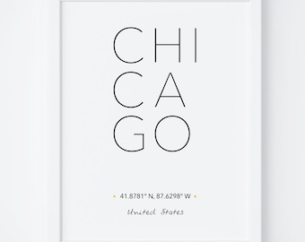 Chicago Print, Chicago Poster, Wall Art, Chicago City Poster, Chicago Printable, Chicago Art, City Coordinates, Typography art, Wall Art