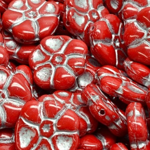 9 Pcs 15mm Primrose FLower Pressed Czech Glass Beads - Apple Red/Silver(CH7107109)