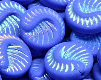 7 Pcs 19mm Fossil Coin Pressed Czech Glass Beads -Iridescent Frosted Royal Blue(CH7403108)