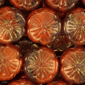 5-Petal Hibiscus Flower Czech Glass Beads 14mm 9Pcs-Translucent Orange Spice w/Gold Wash (CH7101124)