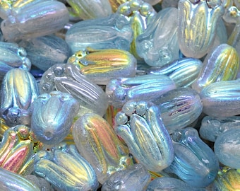 11 Pcs 12x8mm Tulip Bud Pressed Czech Glass Beads -Clear Iridescent Light Grey(CH7103103)