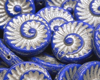 7 Pcs 18mm Fossil Shell Pressed Czech Glass Beads -Carolina Blue/White(CH7403116)