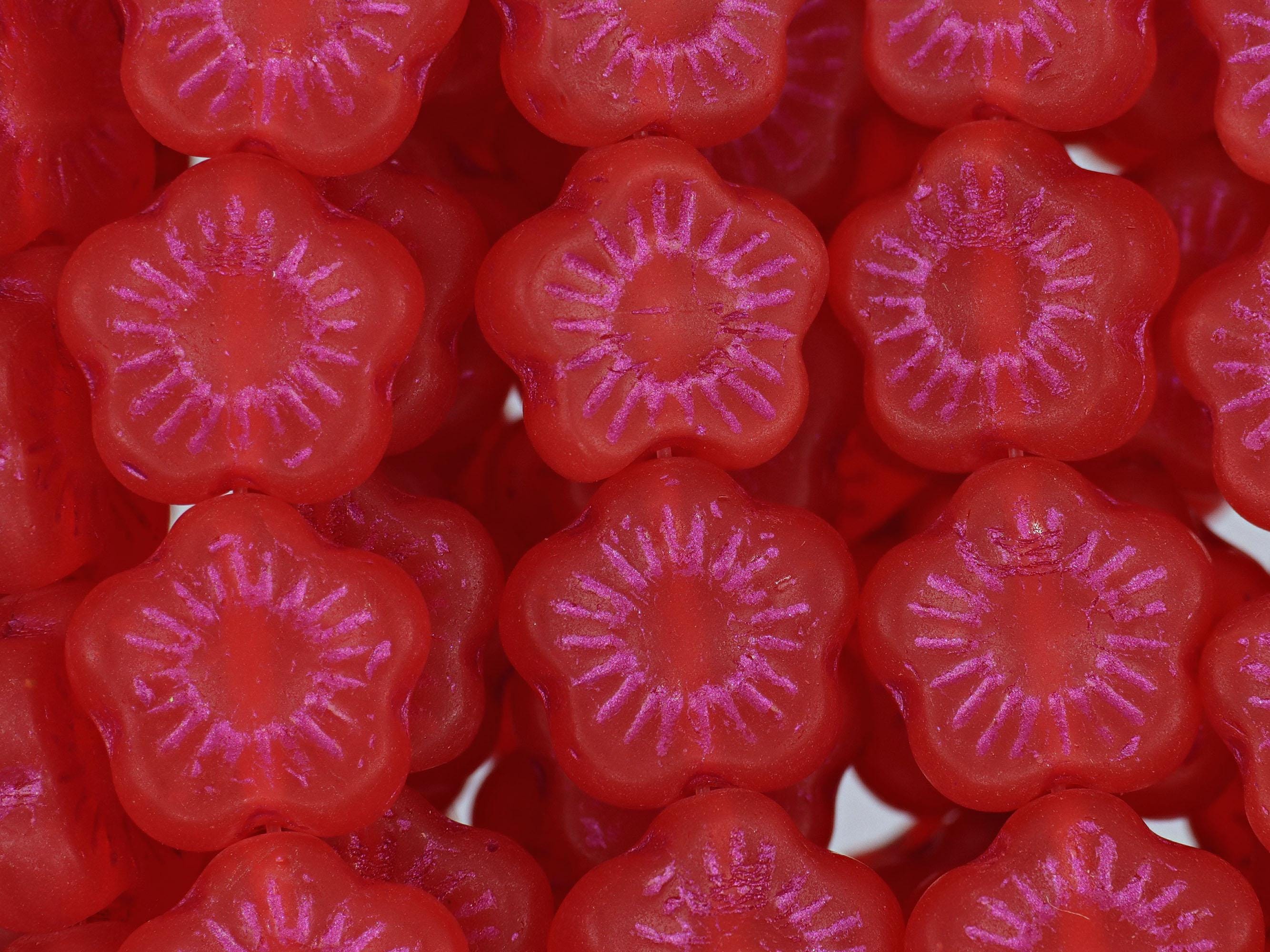 Flower Pressed Czech Glass Beads 13 Pcs 10mm - Translucent Matte Red (CH7102107)