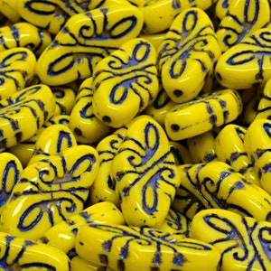 7 Pcs 19x9mm Arabesque Pressed Czech Glass Beads -Yellow/Navy(CH9007109)