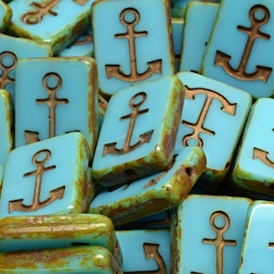 7 Pcs 15x12mm Table Cut Rectangle With Anchor Glass Czech Beads - Sky Blue/Amber(CH4007104)